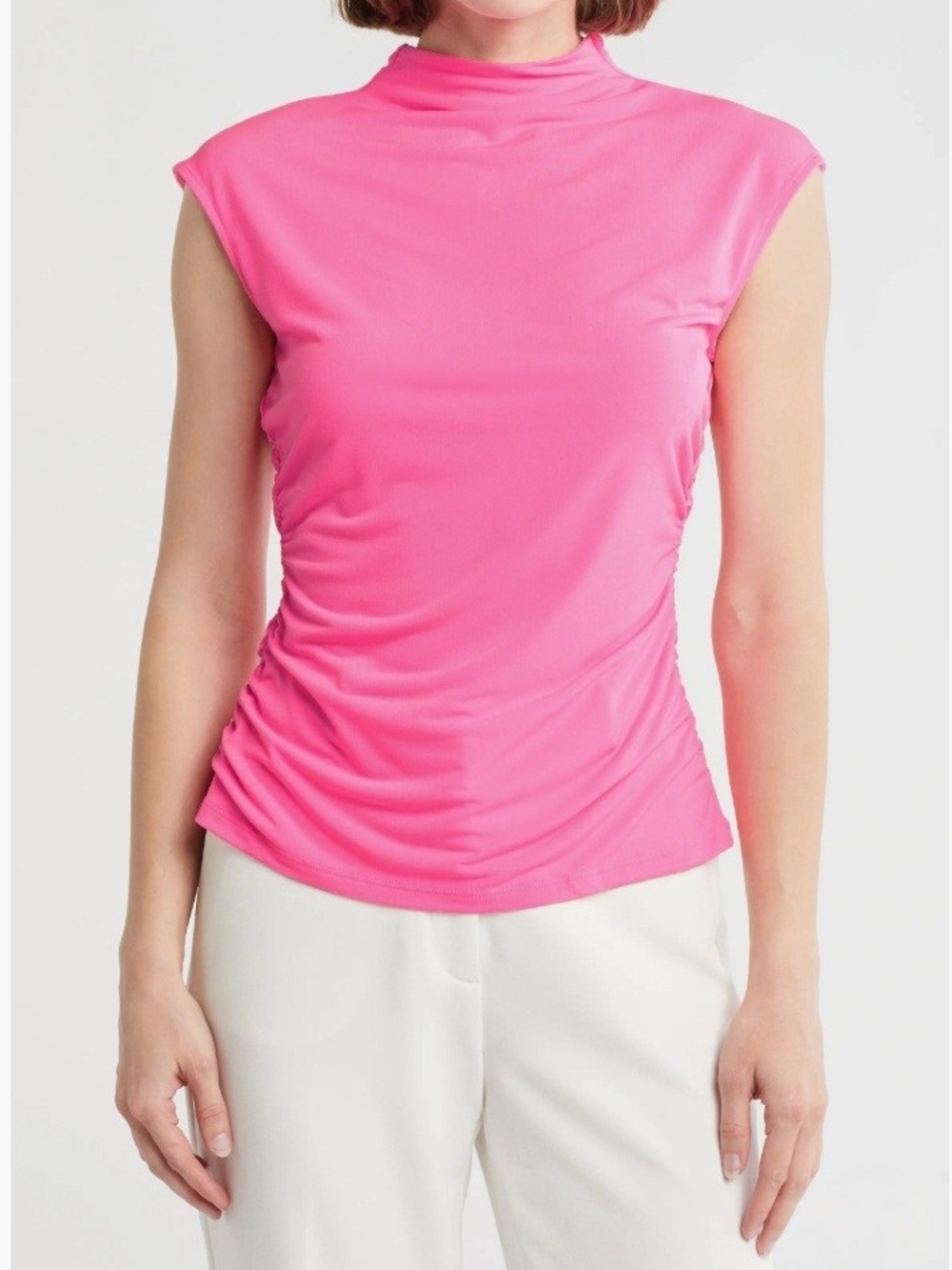 Dkny Hot Pink Sleeveless Mock Neck Ruched Tank